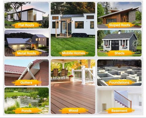 Reparo de telhados, revestimento impermeabilizante de poliuretano, revestimento impermeabilizante de paredes de banheiro, prevenção de vazamentos e impermeabilização.