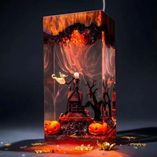 Resin LED Lamp – Jack‑o'‑Lantern & Sally Skeleton