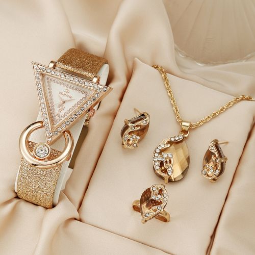 Inverted Triangle Diamond-Set Matt Leather Ladies Quartz Watch – Casual, Minimalist and Unique Peacock Jewellery Set