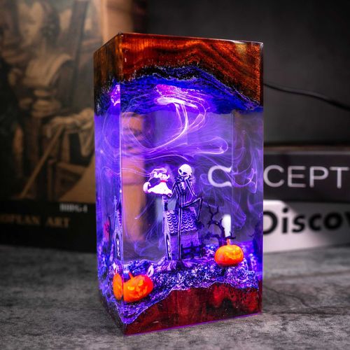 Resin LED Lamp – Jack‑o'‑Lantern & Sally Skeleton