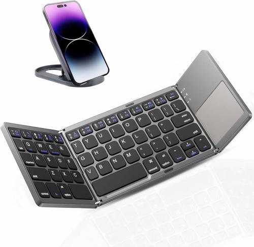 Click to see full view Foldable Bluetooth Keyboard with Touchpad - Portable Wireless Keyboard with Holder, Rechargeable Full Size Ultra Slim Pocket Folding Keyboards for Android Windows iOS Tablet & Laptop Travel Keyboards