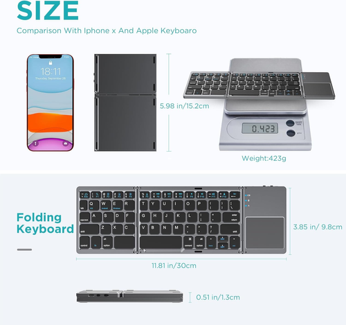 Click to see full view Foldable Bluetooth Keyboard with Touchpad - Portable Wireless Keyboard with Holder, Rechargeable Full Size Ultra Slim Pocket Folding Keyboards for Android Windows iOS Tablet & Laptop Travel Keyboards