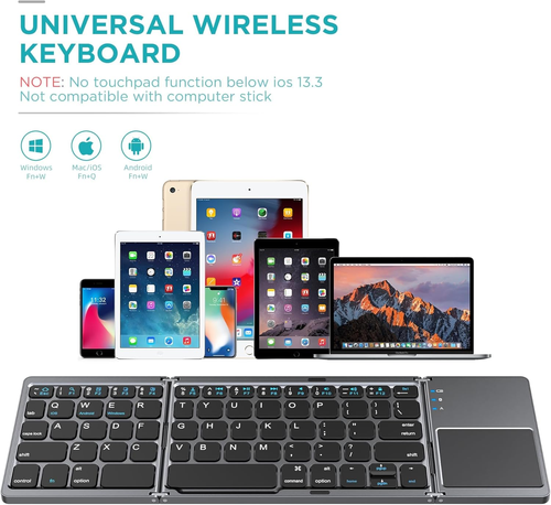 Click to see full view Foldable Bluetooth Keyboard with Touchpad - Portable Wireless Keyboard with Holder, Rechargeable Full Size Ultra Slim Pocket Folding Keyboards for Android Windows iOS Tablet & Laptop Travel Keyboards