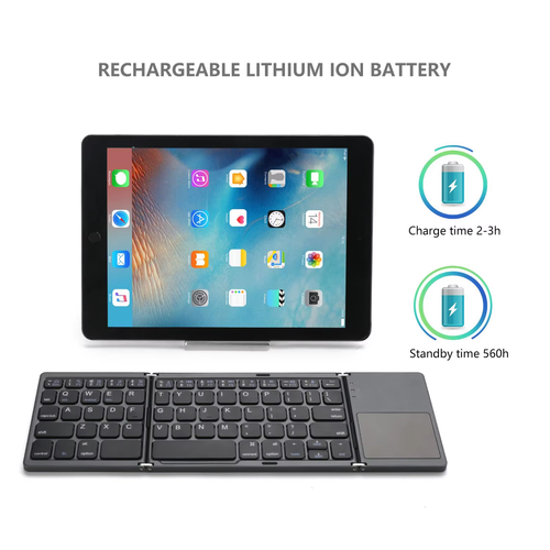 Click to see full view Foldable Bluetooth Keyboard with Touchpad - Portable Wireless Keyboard with Holder, Rechargeable Full Size Ultra Slim Pocket Folding Keyboards for Android Windows iOS Tablet & Laptop Travel Keyboards