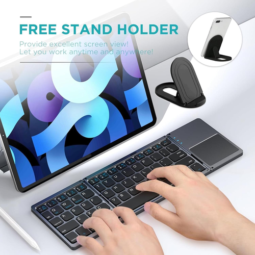 Click to see full view Foldable Bluetooth Keyboard with Touchpad - Portable Wireless Keyboard with Holder, Rechargeable Full Size Ultra Slim Pocket Folding Keyboards for Android Windows iOS Tablet & Laptop Travel Keyboards