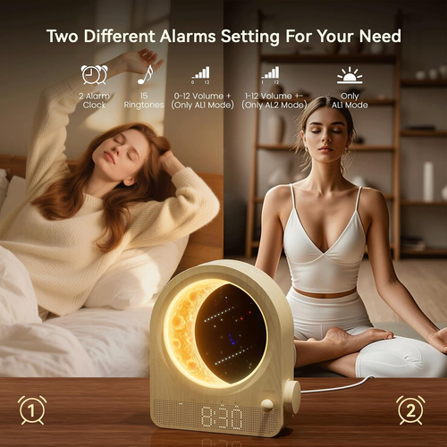 Sunrise Alarm Clocks for Bedrooms, Stepless Dimmable Moon Lamp Dual Alarm Clock Wake Up Light with 12Levels Volume for Heavy Sleepers, 10 Natural Sounds with 30 60 90min Timer Night Light
