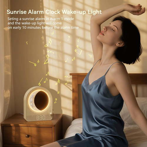 Sunrise Alarm Clocks for Bedrooms, Stepless Dimmable Moon Lamp Dual Alarm Clock Wake Up Light with 12Levels Volume for Heavy Sleepers, 10 Natural Sounds with 30 60 90min Timer Night Light