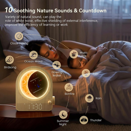 Sunrise Alarm Clocks for Bedrooms, Stepless Dimmable Moon Lamp Dual Alarm Clock Wake Up Light with 12Levels Volume for Heavy Sleepers, 10 Natural Sounds with 30 60 90min Timer Night Light