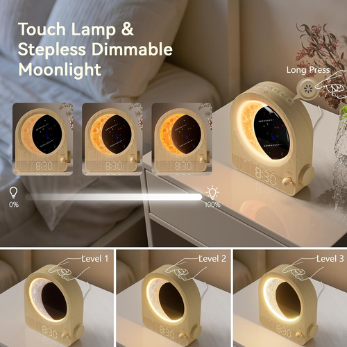 Sunrise Alarm Clocks for Bedrooms, Stepless Dimmable Moon Lamp Dual Alarm Clock Wake Up Light with 12Levels Volume for Heavy Sleepers, 10 Natural Sounds with 30 60 90min Timer Night Light