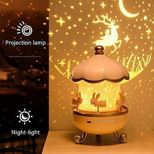 Musical Carousel Night Light with Rotating Bunnies, Star Projector Bunnie Night Light with 6 Projection Theme and 8 Smooth Sound - Pink