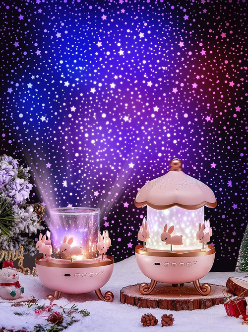 Musical Carousel Night Light with Rotating Bunnies, Star Projector Bunnie Night Light with 6 Projection Theme and 8 Smooth Sound - Pink