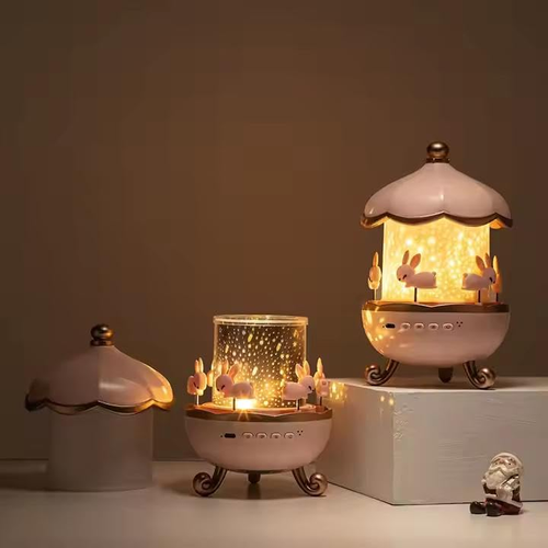 Musical Carousel Night Light with Rotating Bunnies, Star Projector Bunnie Night Light with 6 Projection Theme and 8 Smooth Sound - Pink