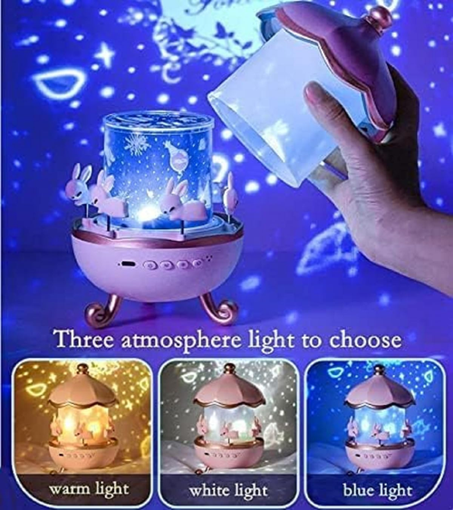 Musical Carousel Night Light with Rotating Bunnies, Star Projector Bunnie Night Light with 6 Projection Theme and 8 Smooth Sound - Pink