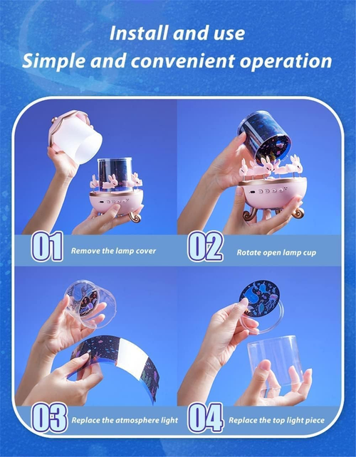 Musical Carousel Night Light with Rotating Bunnies, Star Projector Bunnie Night Light with 6 Projection Theme and 8 Smooth Sound - Pink