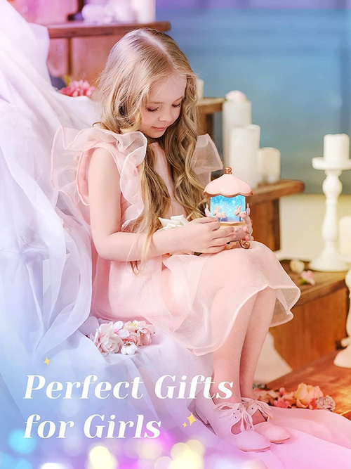 Musical Carousel Night Light with Rotating Bunnies, Star Projector Bunnie Night Light with 6 Projection Theme and 8 Smooth Sound - Pink