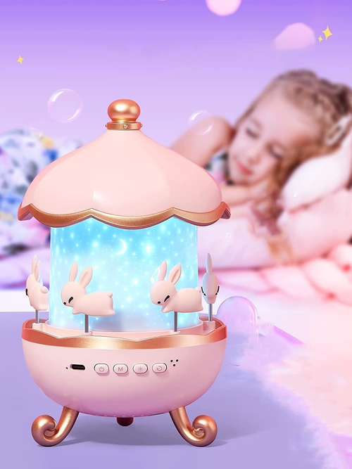 Musical Carousel Night Light with Rotating Bunnies, Star Projector Bunnie Night Light with 6 Projection Theme and 8 Smooth Sound - Pink