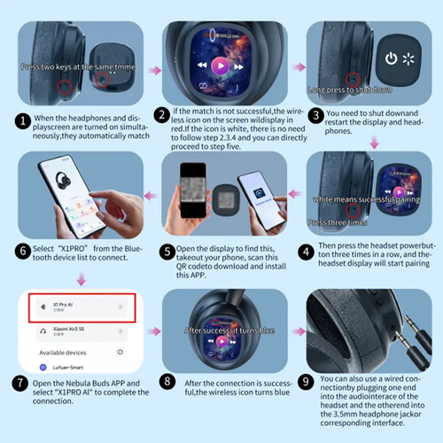 HYUNDAI X1 Pro Wireless Bluetooth 6.0 Headphones with Detachable Full Color LCD Touch Screen, Support Customizable Screen Wallpaper, Audio Headset for Music & Phone Calls