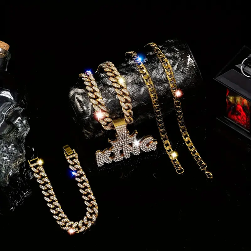 Punk Hip Hop Crown Letter KING Pendant Cuban Chain Necklace Bracelet (3 Pcs)