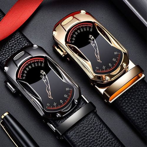 2 Piece Leather Automatic Buckle Belt Black Gold