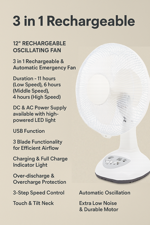 12'' 3in1 Rechargeable  Automatic Fan