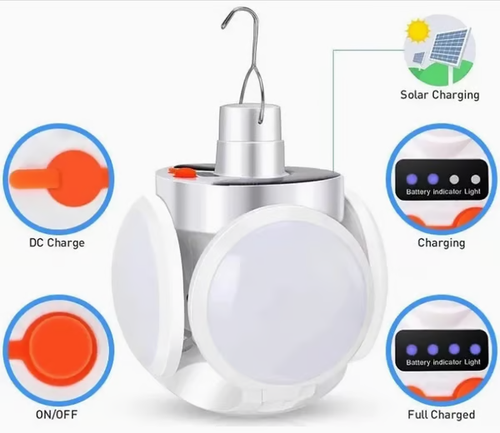 Solar-powered charging bulb for camping and household use, super bright, energy-saving, foldable, football-shaped LED light.