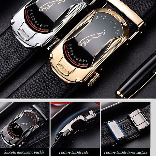 2 Piece Leather Automatic Buckle Belt Black Gold