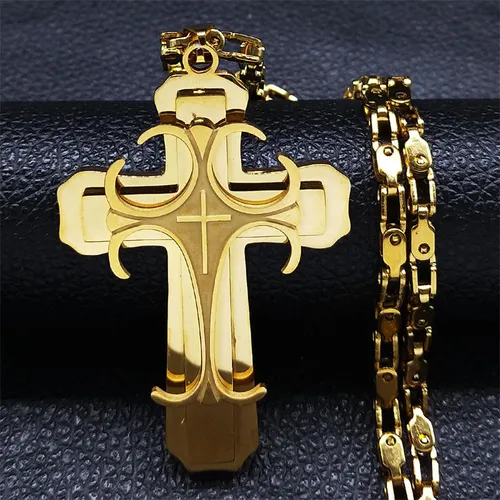 Luxury gold and silver holy cross stainless steel cross Jesus pendant necklace titanium steel hollow pendant religious Cuban chain