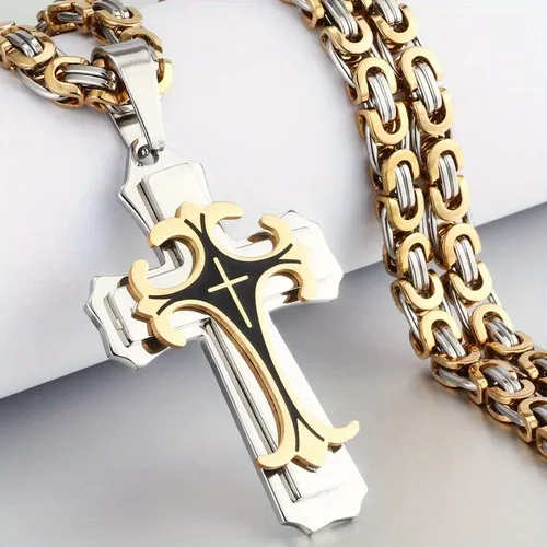 Luxury gold and silver holy cross stainless steel cross Jesus pendant necklace titanium steel hollow pendant religious Cuban chain