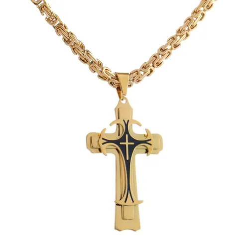 Luxury gold and silver holy cross stainless steel cross Jesus pendant necklace titanium steel hollow pendant religious Cuban chain