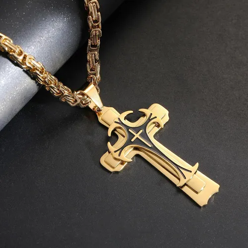 Luxury gold and silver holy cross stainless steel cross Jesus pendant necklace titanium steel hollow pendant religious Cuban chain