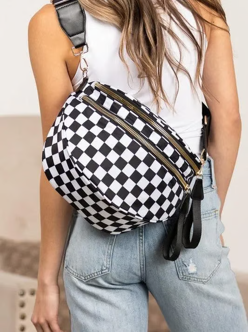 🔥Black and White Checkered Nylon Bum Bag