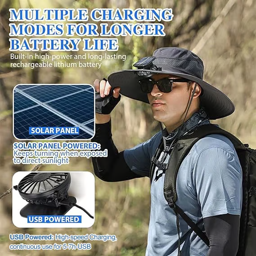 🔥Wide Brim Solar Fan Outdoor Fishing Hat - Solar and USB Charging