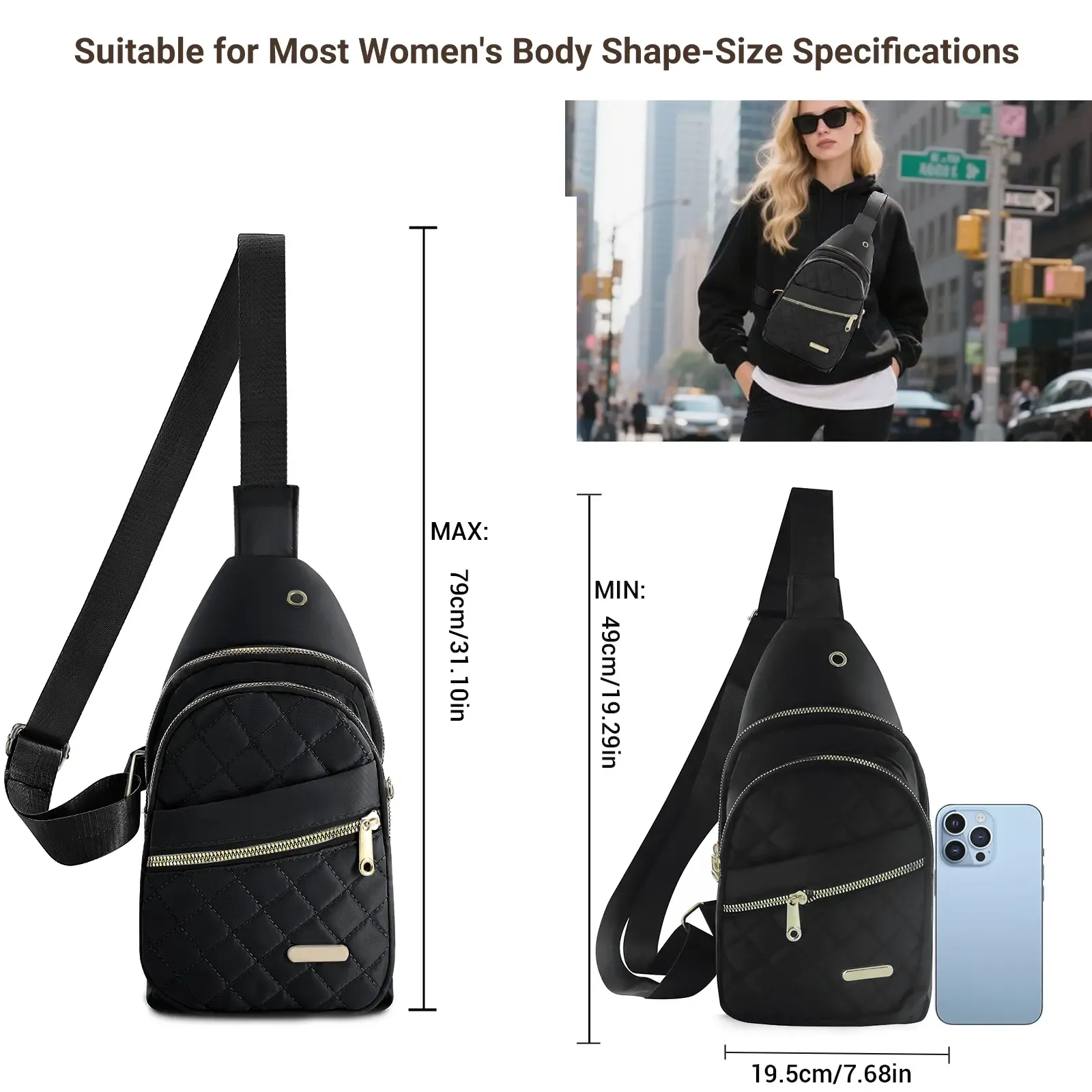 Large Capacity Black Quilted Sling Bag