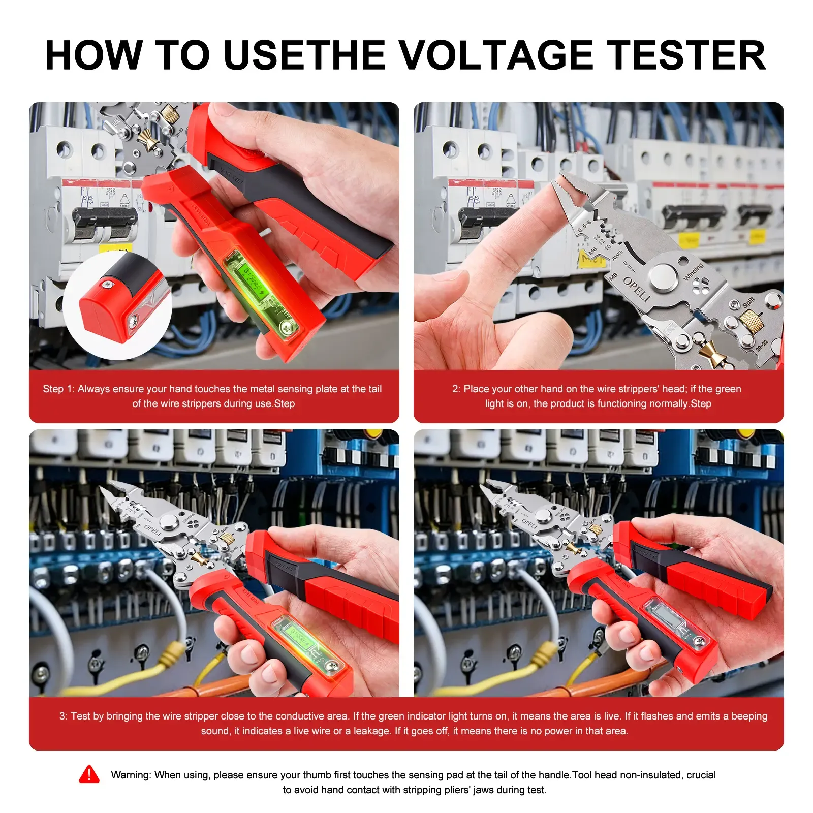 OPELI 16 in 1 Wire Stripper Twister forCutting and Pulling Wires, Voltage Tester Pliers, Cable Scissors, 12V to250V Live,Null,Hot Wire Judgment ACDC, Audible and Flashing LED Alarms