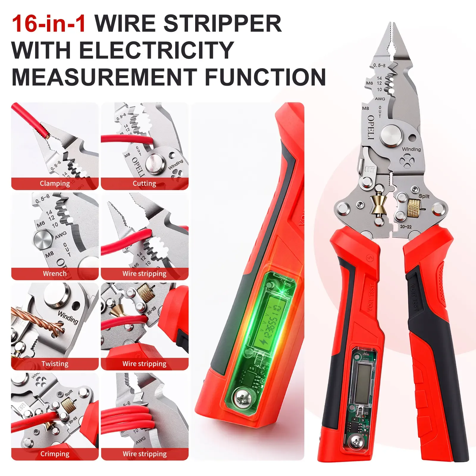 OPELI 16 in 1 Wire Stripper Twister forCutting and Pulling Wires, Voltage Tester Pliers, Cable Scissors, 12V to250V Live,Null,Hot Wire Judgment ACDC, Audible and Flashing LED Alarms