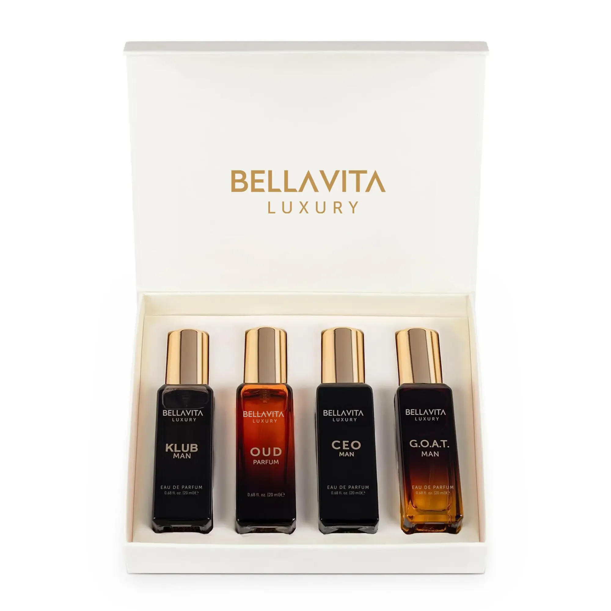 BellaVita Luxury's Perfume Gift Set for Men | 4 Luxury Minis | Long Lasting | G.O.A.T, Oud, CEO Man, Klub Man| Eau De Parfum | Portable Perfume Kit | Perfect Gift for Men
