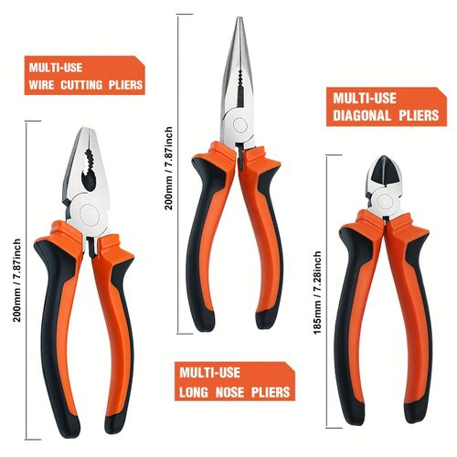 3 Piece DIY Industrial Grade Pliers Set Includes 8 Long Nose Diagonal Cutting Combination Plpliers High Carbon Steel