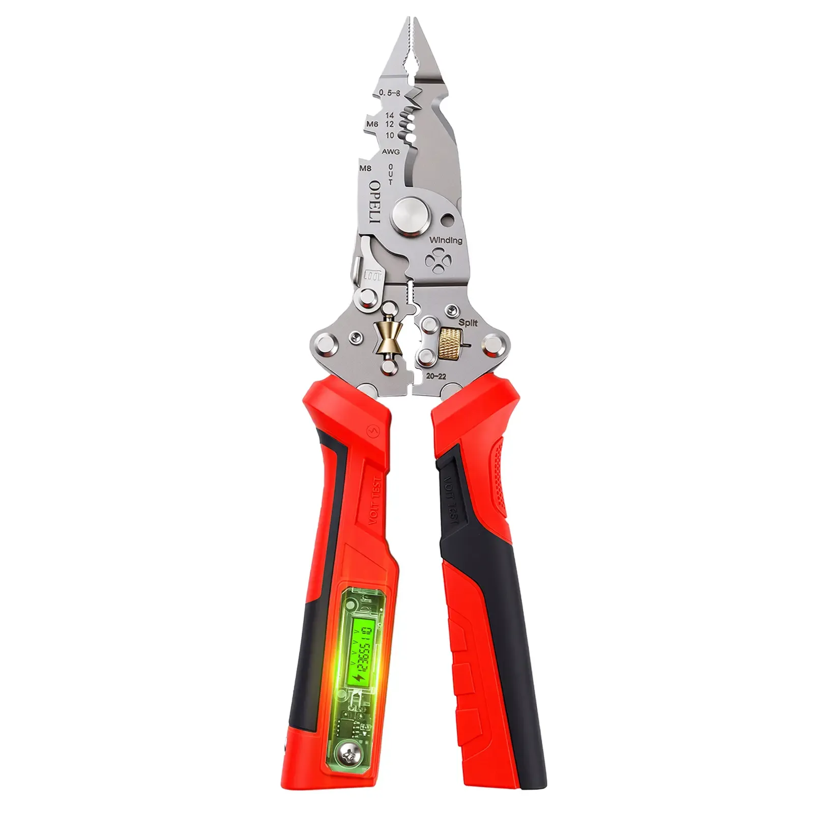 OPELI 16 in 1 Wire Stripper Twister forCutting and Pulling Wires, Voltage Tester Pliers, Cable Scissors, 12V to250V Live,Null,Hot Wire Judgment ACDC, Audible and Flashing LED Alarms