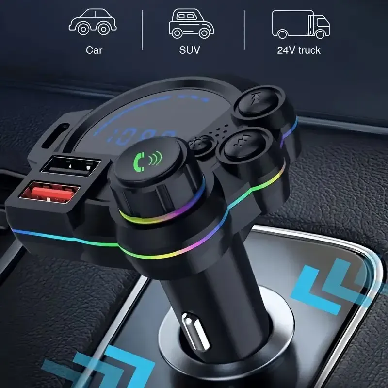 PD 30W Type-C Car Charger & Bluetooth 5.3 FM Transmitter, Wireless MP3 Player with Dual USB Ports, Bass Sound Enhancer, RGB Glowing Radio Adapter, Hands-Free Calls, Car Accessories & Road Trip Essentials, Compatible with 12V-24V