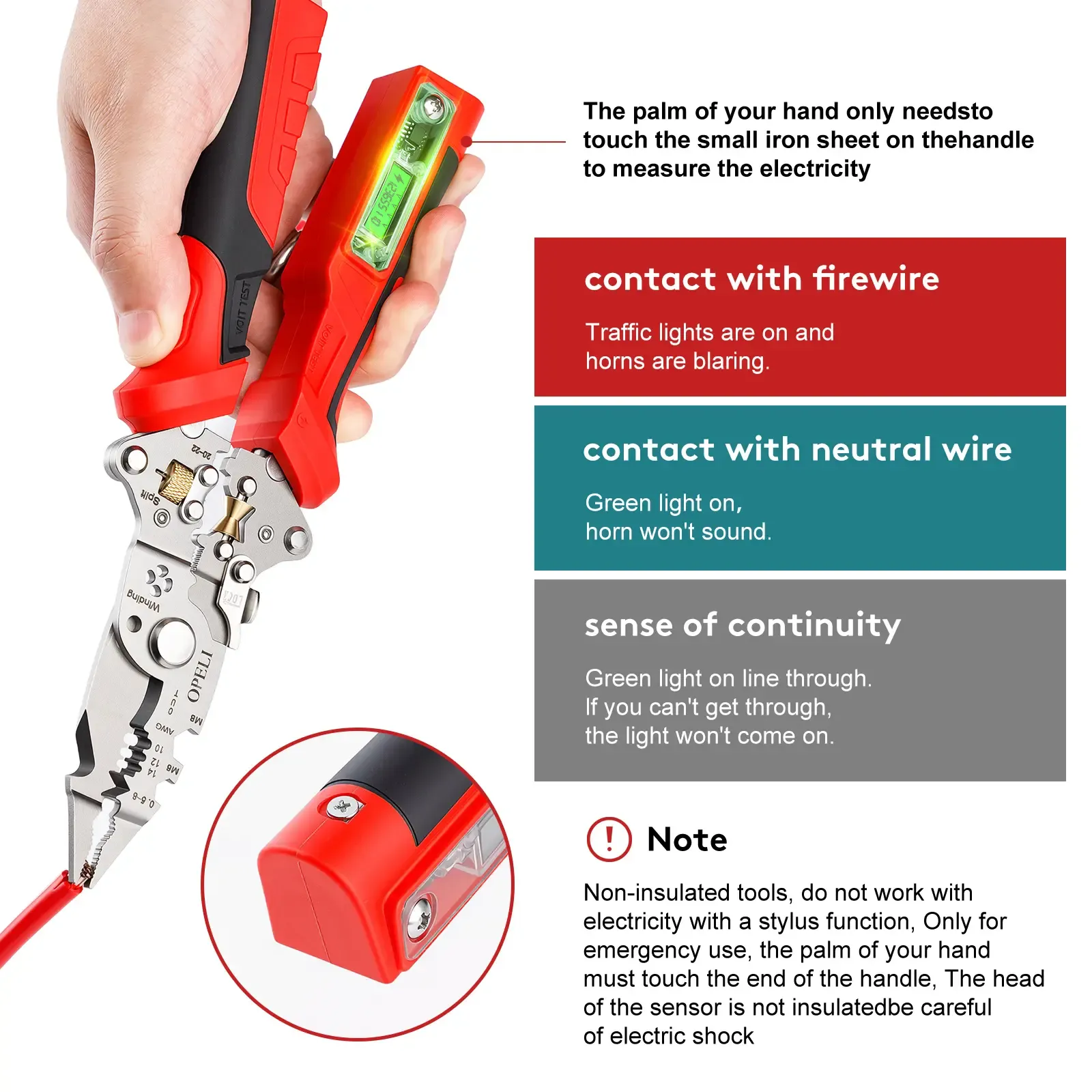 OPELI 16 in 1 Wire Stripper Twister forCutting and Pulling Wires, Voltage Tester Pliers, Cable Scissors, 12V to250V Live,Null,Hot Wire Judgment ACDC, Audible and Flashing LED Alarms