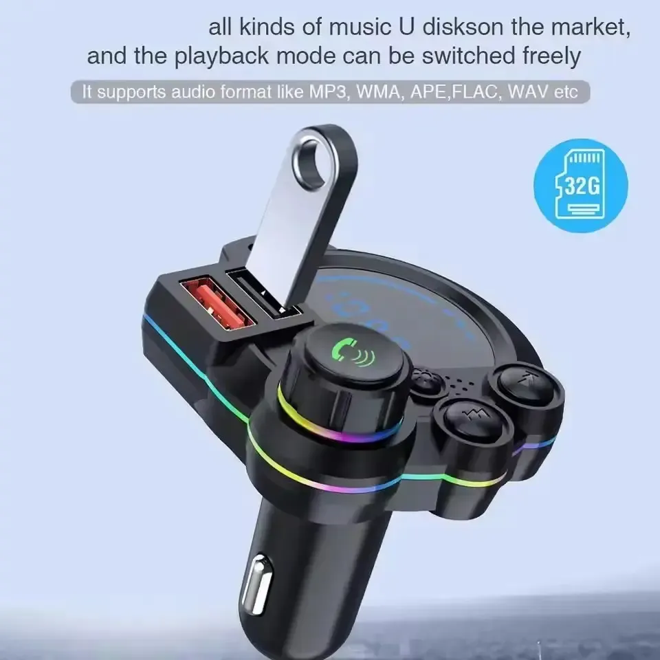 PD 30W Type-C Car Charger & Bluetooth 5.3 FM Transmitter, Wireless MP3 Player with Dual USB Ports, Bass Sound Enhancer, RGB Glowing Radio Adapter, Hands-Free Calls, Car Accessories & Road Trip Essentials, Compatible with 12V-24V