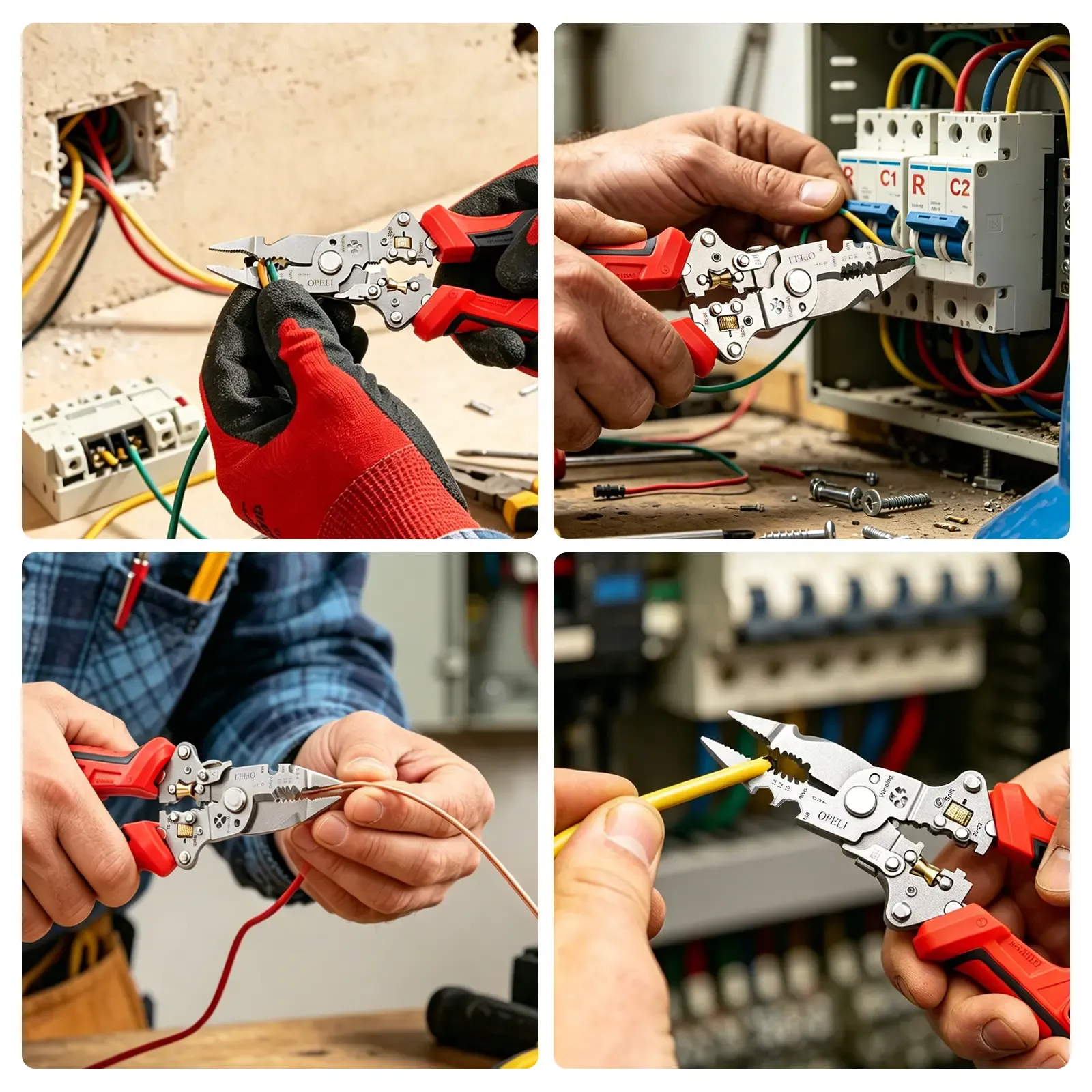 OPELI 16 in 1 Wire Stripper Twister forCutting and Pulling Wires, Voltage Tester Pliers, Cable Scissors, 12V to250V Live,Null,Hot Wire Judgment ACDC, Audible and Flashing LED Alarms
