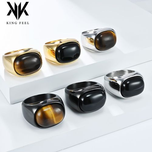 Men's Fashionable, Individualistic, and High-End Titanium Steel Ring with Natural Tiger's Eye Gemstone Jewelry