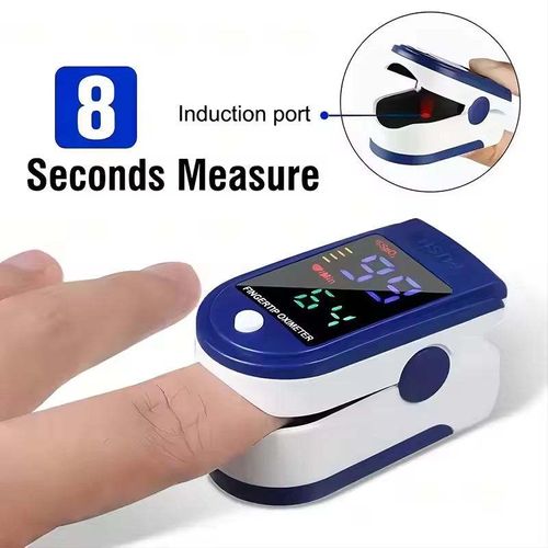 Finger clip heart rate monitor measures fingertip oxygen saturation and monitors pulse