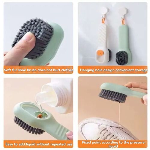 Multi-functional liquid-dispensing shoe brush, a household tool for pressing to dispense liquid and clean shoes