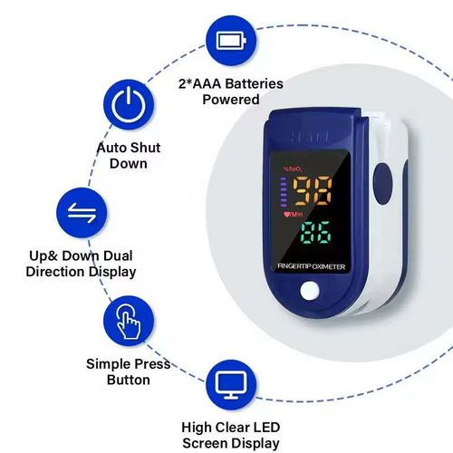 Finger clip heart rate monitor measures fingertip oxygen saturation and monitors pulse