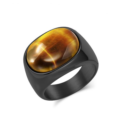 Men's Fashionable, Individualistic, and High-End Titanium Steel Ring with Natural Tiger's Eye Gemstone Jewelry