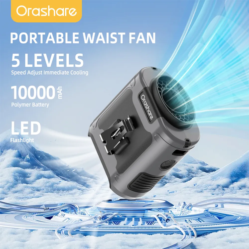 Orashare K50 10000mAh Multifunctional Portable Waist Fan 5 Speed Adjustable Hanging Neck Fan Strong Wind With Powerbank and LED Light Up to 40H Cooling Suitable for Outdoor Camping Trip