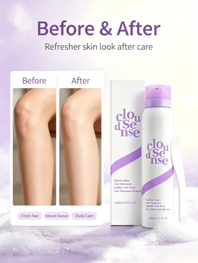 Cloudsense Gentle Hair Removal Mousse, Painless Depilatory Foam Spray for Arms, Legs, Underarm & Bikini Area, Skin Friendly Body Hair Remover Cream Mousse