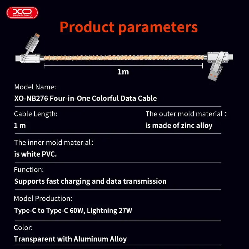 60W 4-in-1 Alloy Glow-in-the-Dark Durable LED Fast Charging Cable - 4-Port Free Switching, Data Transfer Support, Protection, for Smartphone, Electronic Device